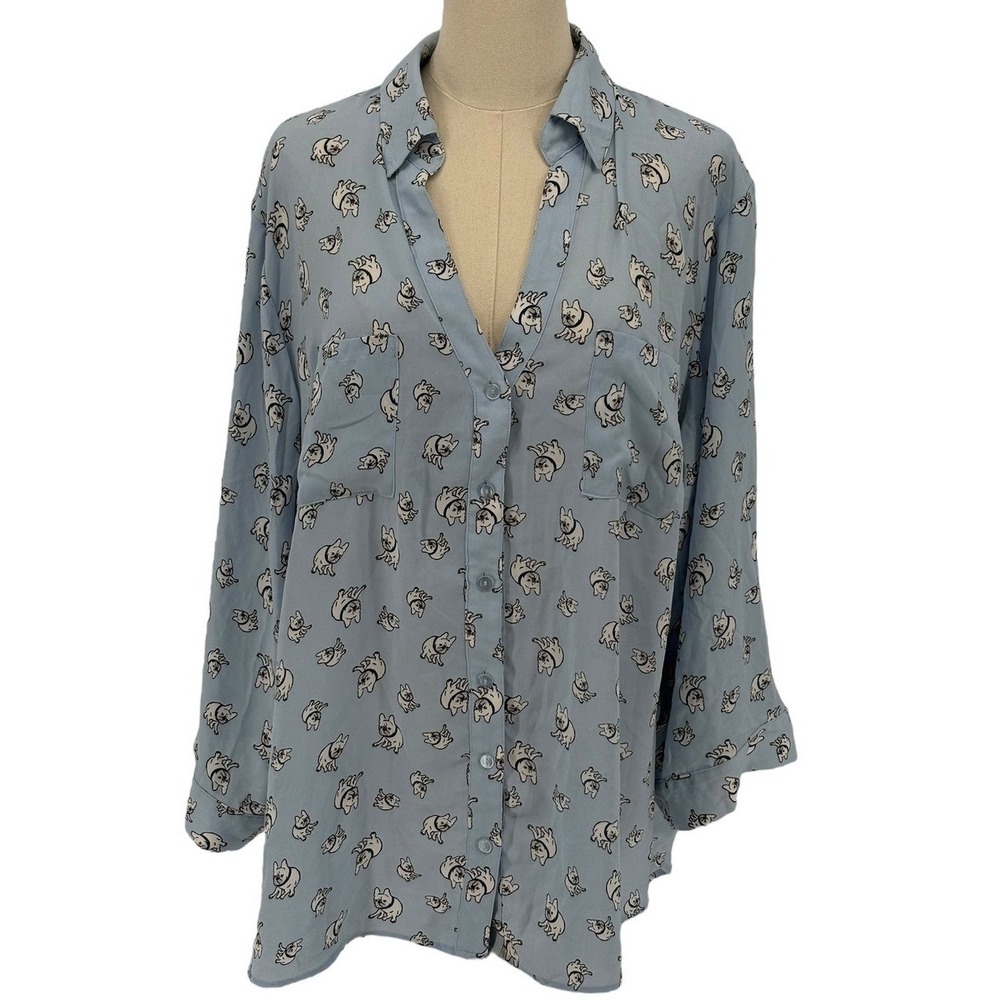 A. Byer Light Blue Sheer Long Sleeve Button Down Shirt w/ Dogs (Size 2X)